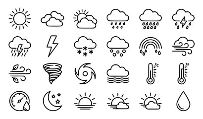 Fototapeta premium Set of hand drawn weather icons featuring sun clouds rain storm wind and temperature symbols for design