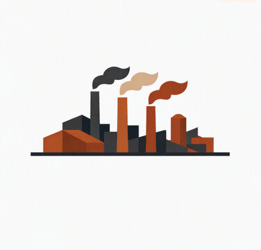 Minimalist flat illustration of industrial factory with chimneys and smoke, modern clean vector style icon