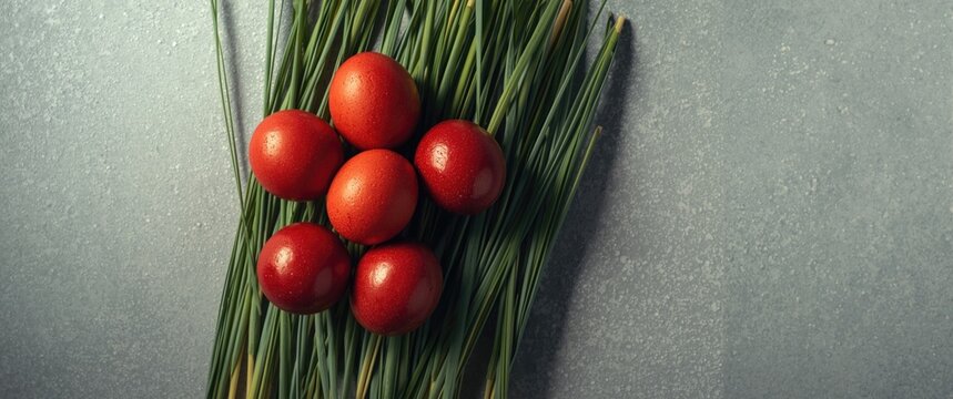 Red Eggs Arranged on Fresh Green Chives with Textured Background