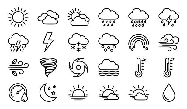 Set of hand drawn weather icons featuring sun clouds rain storm wind and temperature symbols for design