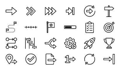 Fototapeta premium Set of hand drawn business and project management icons featuring arrows targets and progress tracking elements