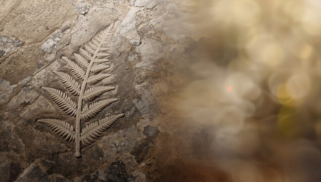 Fossilized Fern Leaf Imprint on Stone - Soft Focus Background, Warm Glow
