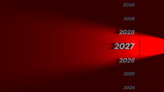 texte 2027 dans une frise chronologique &eacute;clair&eacute; par un spot de lumi&egrave;re - rendu 3D sur fond rouge	
