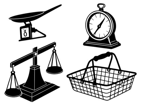 Four unique vintage market objects weighing scale, shopping basket, price tag, and hand bell. Solid black vector silhouettes on a pure white background, arranged in a precise 2&times;2 grid, equal spacing, 