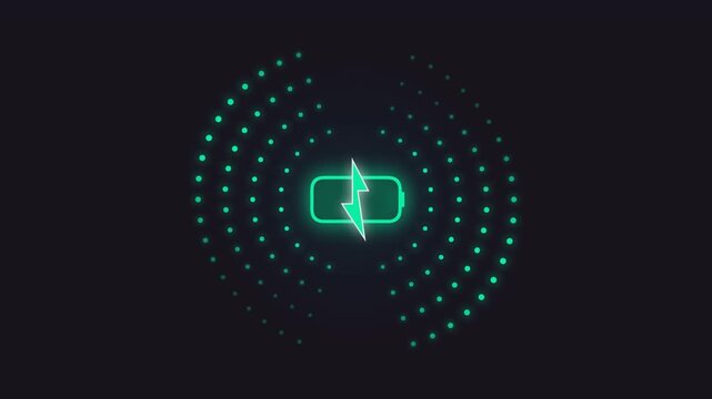 Glowing battery charging icon with pulsing dots motion footage for modern digital interface user experience design