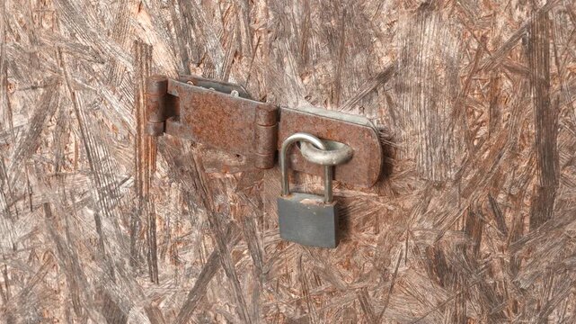 4K Padlock on Worn Plywood Door