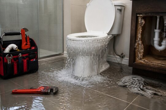 Toilet overflowing and flooding bathroom with tools present