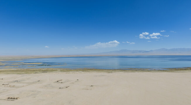 Aerial View Of Sugan Lake And Arid Desert Landscape With Distant Mountains