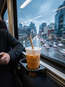 Boba milk tea beside a commuter train window
