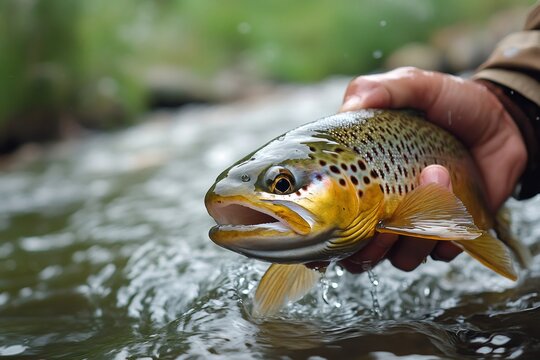 Angler holding brown trout in flowing river