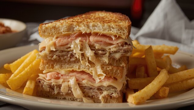 Layered Sandwich with Ham and Cheese Served with French Fries on a Plate