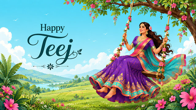 Happy hariyali teej joyful woman swinging beneath blooming tree in colorful countryside celebrating kajari teej with traditional dress flowers and monsoon happiness