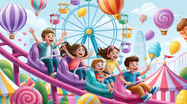 Families enjoy a day at the amusement park riding the roller coaster and taking in the sights of the carnival with various attractions and colorful decorations