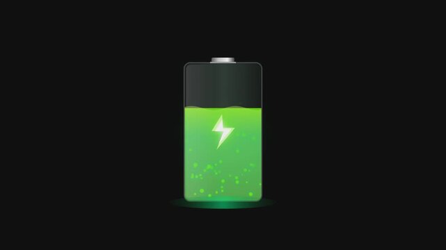Glowing green battery charging animation representing power efficiency and clean energy supply in modern digital video