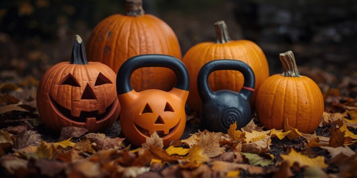 Halloween Pumpkins and Kettlebells on Autumn Leaves in a Cozy Outdoor Setting
