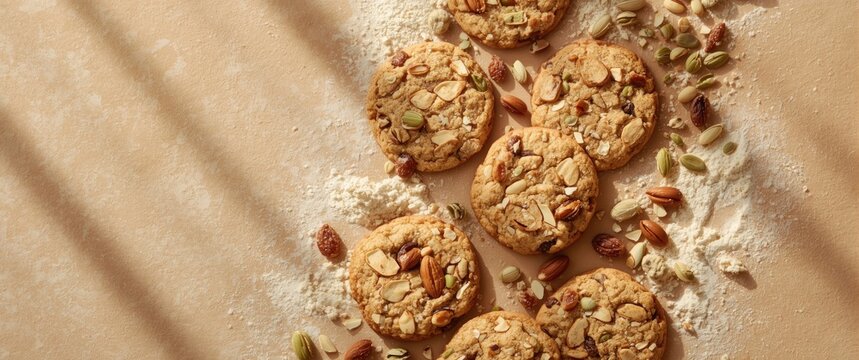 Oatmeal Cookies with Nuts on a Light Surface and Flour Dusting