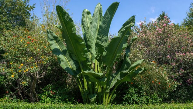 Large Tropical Plant Surrounded by Blooming Flowers in Bright Daylight