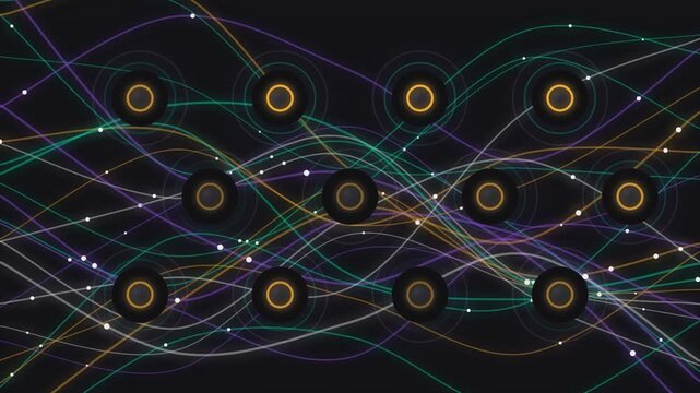 Connected digital nodes moving through abstract network pathways in this high quality motion background video clip