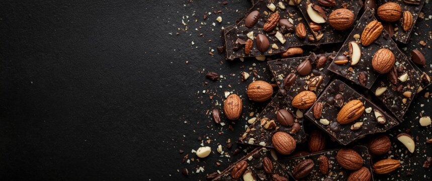 Chocolate Bark Topped with Assorted Nuts on Black Background