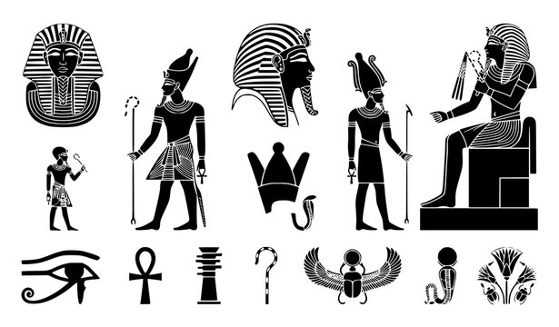 Set of ancient egyptian pharaohs gods and traditional symbols in black and white silhouette style
