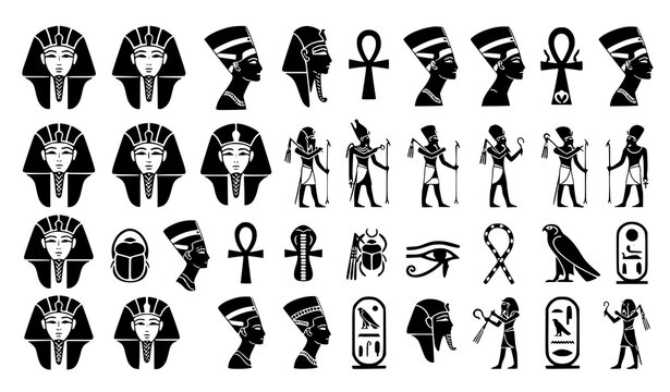 Collection of ancient egyptian symbols pharaoh heads and hieroglyphic icons in black and white vector illustration style