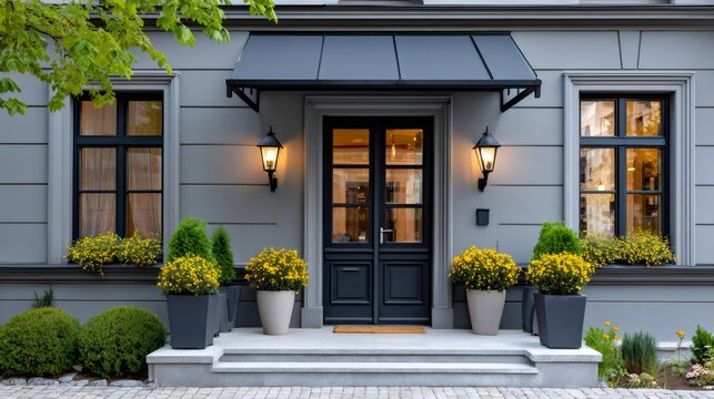 Elegant house entrance with a grey facade and evening light