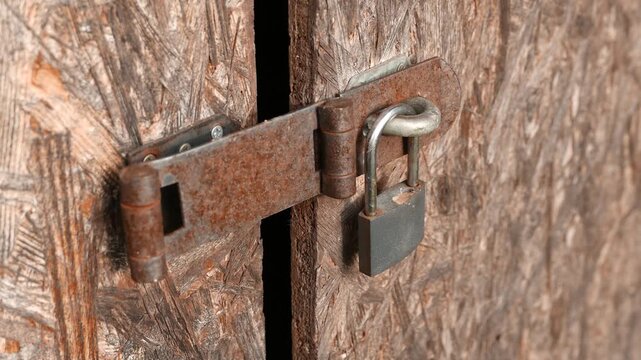 4K Padlock on Worn Plywood Door