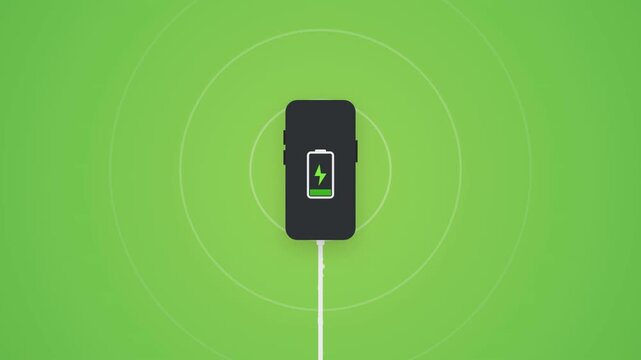 Smartphone device charging with green animated energy ripples in a flat design digital video clip