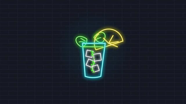 Glowing neon cocktail sign animation showing refreshing iced beverage with citrus slice and fresh mint leaves