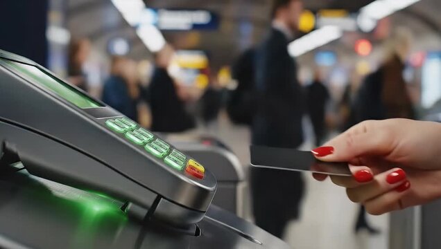 Close-up of contactless credit card payment at terminal.