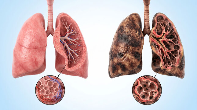 3D illustration comparing healthy pink lungs and diseased smokers lungs with detailed view of alveoli and bronchial tree