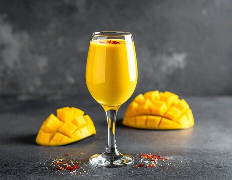 Premium mango lassi in tall champagne flute, saffron strands garnish, dark neutral background, cinematic side lighting, refined plating style, upscale restaurant aesthetic, rich vibrant mango color