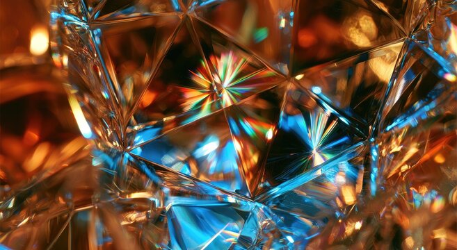 Faceted crystal refracts light, creating vibrant prismatic colors and bokeh effects