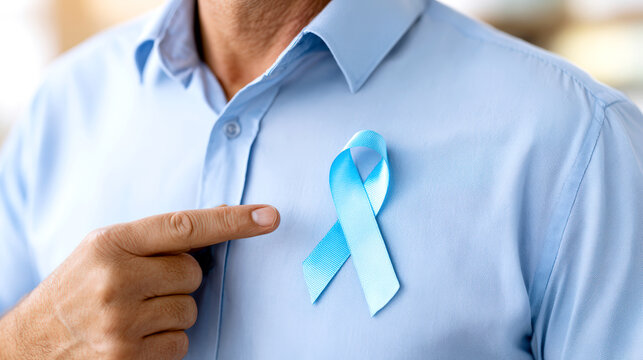 Man pointing at blue ribbon promoting prostate cancer awareness and early screening