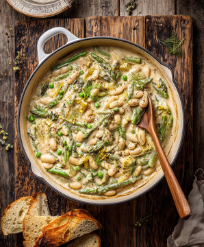 Overhead photograph of creamy white bean stew with asparagus, peas and fresh dill, served in a rustic pan with toasted bread and a wooden spoon.