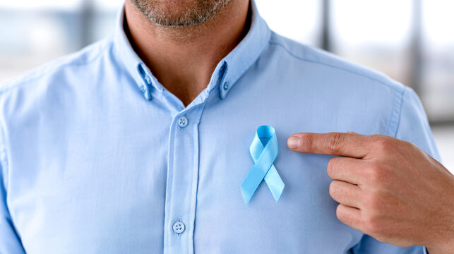 Mature man pointing at blue ribbon supporting prostate cancer awareness and screening