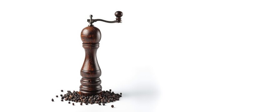 Wooden Pepper Grinder with Black Peppercorns Isolated on White