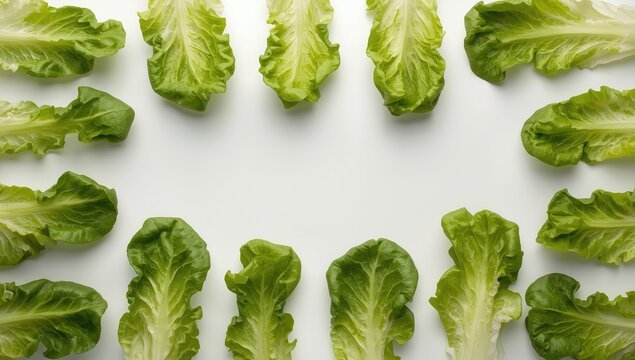 Lettuce Leaves Arranged in a Circular Pattern on White Background