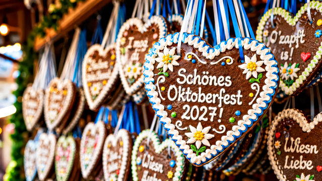 Oktoberfest Gingerbread Heart Cookies with German Icing Messages at Festival Market