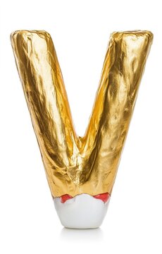 Gold letter V. Metallic alphabet character.