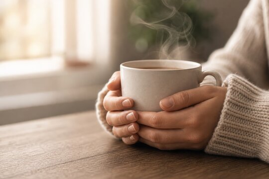 Hands Holding Steaming Mug During Cozy Home Pause