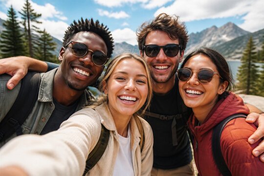 Group of friends taking selfie at mountain lake trail outdoors