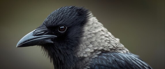 Naklejka premium Closeup of a Raven with Dark Feathers and Sharp Beak against a Soft Background