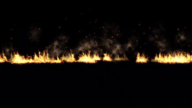 Linear blazing fire border with floating embers on black background
