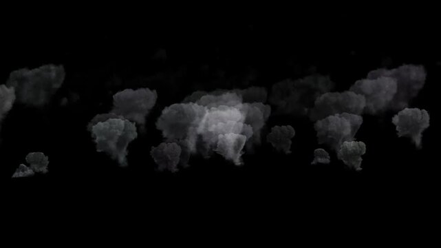 Heavy atmospheric smoke clouds and rising vapor bursts on black background