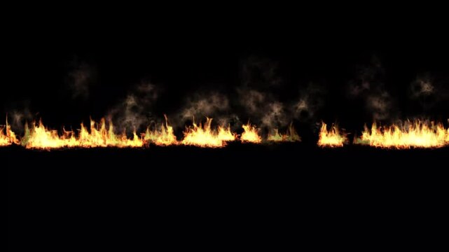 Linear blazing wildfire border and smoky flame effect animation on black background