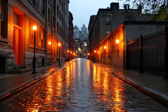 Wet cobblestone alley reflecting streetlights at night