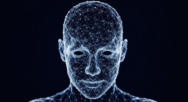 Glowing Neural Network Human Face, Digital Intelligence Visualization