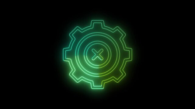 Modern animated neon settings error icon featuring a glowing gear with an X symbol on a black background. Represents configuration failure, system error, settings issue, software malfunction, technica