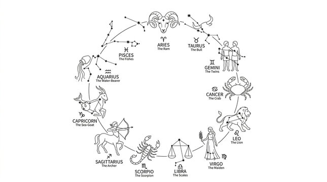 Circular illustration of the twelve zodiac signs with constellations and astrological symbols.
